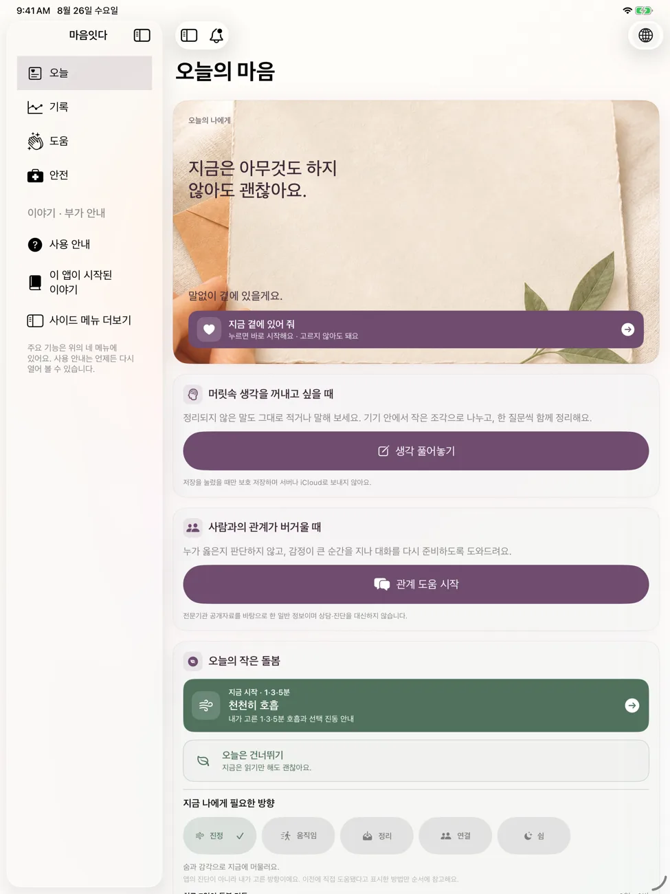 iPad의 오늘 화면. 오늘·기록·도움·안전 사이드바, 오늘의 나에게 편지와 작은 돌봄